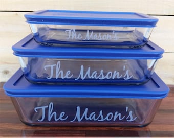 NokNoks Pyrex  Glass Storage  Dishes, 6 piece, engraved, 3, 6, 11 cup, Blue plastic lids, personalized
