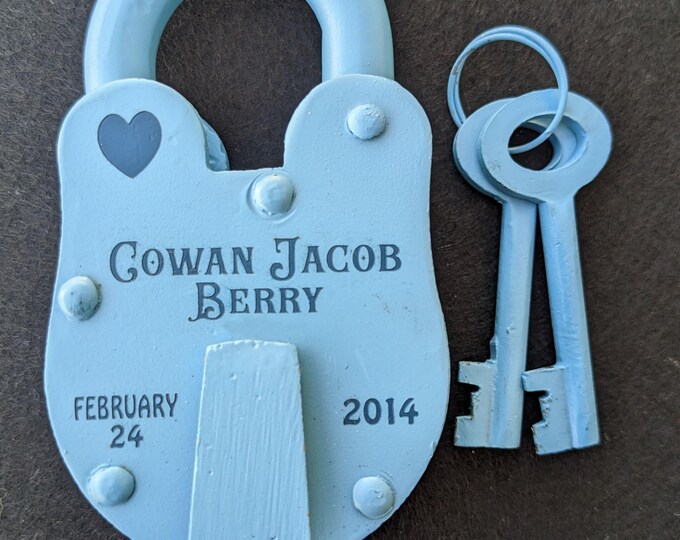 ENGRAVED BIRTHDAY LOCK - Antique - Boy - Blue  - Birthday Gift, Baby Announcement