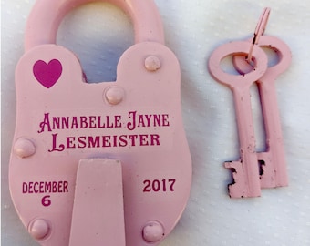 ENGRAVED BIRTHDAY LOCK - Antique - Girl - Pink - Birthday Gift, Baby Announcement