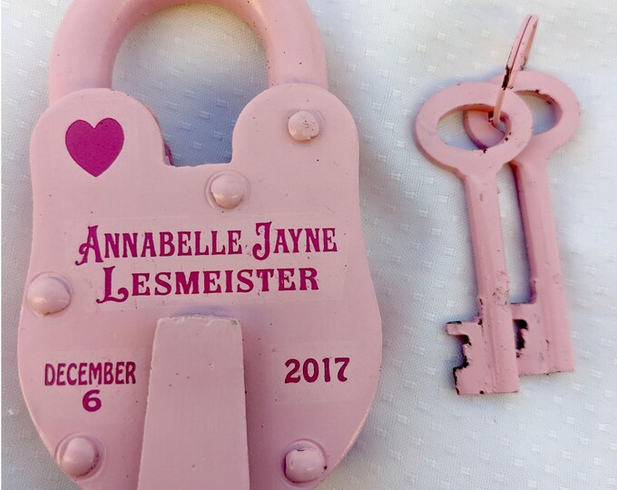 ENGRAVED BIRTHDAY LOCK - Antique - Girl - Pink - Birthday Gift, Baby Announcement