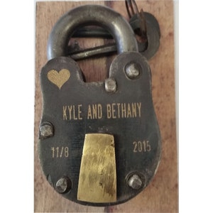 Antique Vintage ENGRAVED PADLOCK "Love Lock". Keys Also  Engraved. Personalized, Wedding, Anniversary, Proposal, Gift