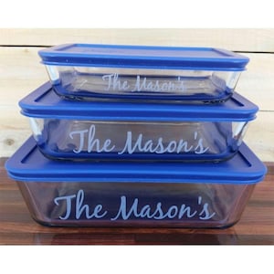 NokNoks Pyrex  Glass Storage  Dishes, 6 piece, engraved, 3, 6, 11 cup, Blue plastic lids, personalized
