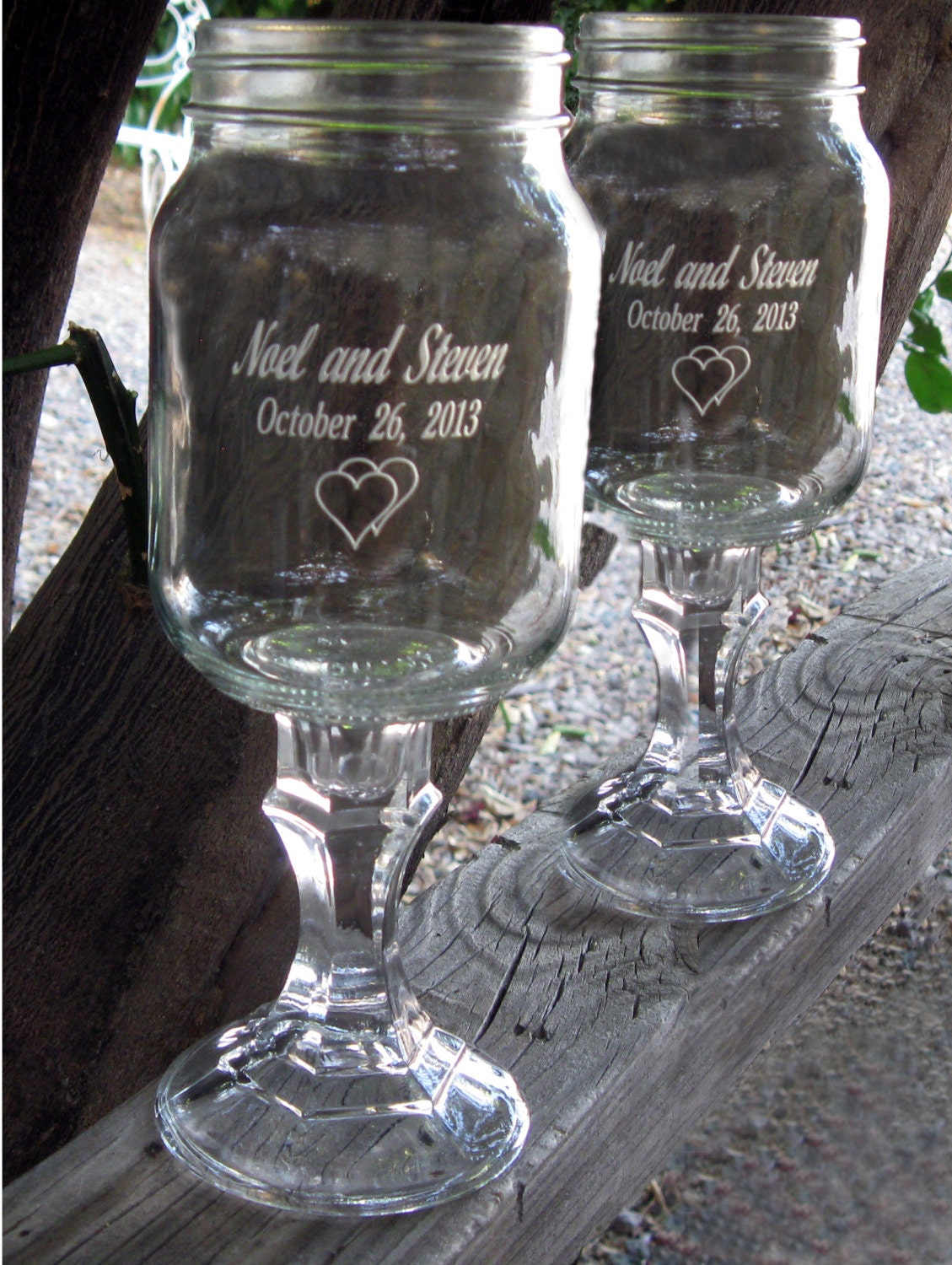 His and hers mason jar wine glasses for toasts at wedding