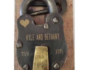 ENGRAVED  on FRONT and BACK- Antique Vintage Engraved Padlock "Love Lock" Personalized