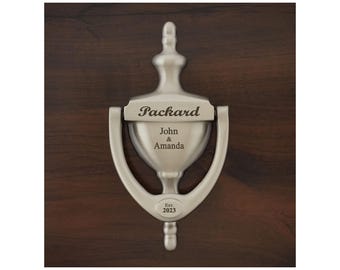 PERSONALIZED  DOOR KNOCKER, Engraved, Satin Nickel Finish, Personalized, Gift Boxed,