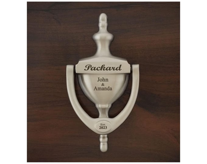 PERSONALIZED  DOOR KNOCKER, Engraved, Satin Nickel Finish, Personalized, Gift Boxed,