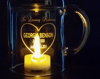 MEMORIAL COFFEE MUG- Personalized  - Engraved, Clear Glass, Wedding, Reunion