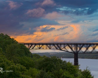 Sunset and Clouds on the Hudson River Photograph with the Walkway Over the Hudson in the Background  - Upstate New York in the Hudson Valley