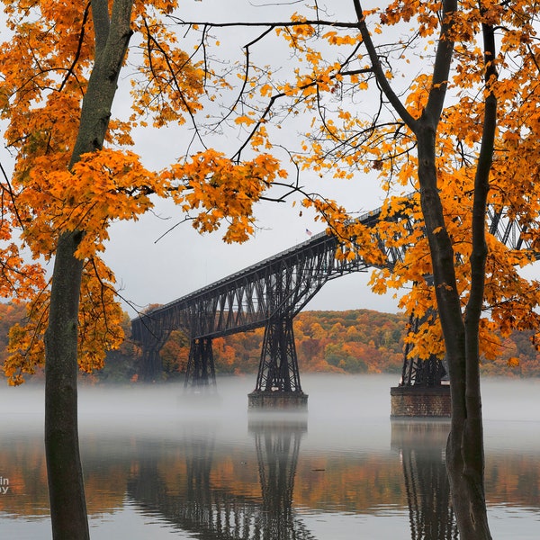 Fall Colors on the Foggy Hudson River Photograph with the Walkway Over the Hudson in the background - Hudson Valley
