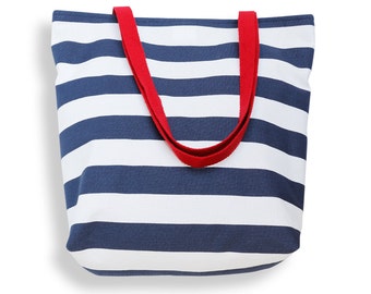 Bolso de mano de lona en rayas clásicas de cabaña azul marino y blanco - Tote de mercado, bolsa de playa, bolsa de transporte, bolsa de libros, bolsa de fin de semana o bolso