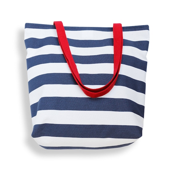 Canvas Tote Bag in Classic Navy Blue and White Cabana Stripe Market Tote Beach Bag Carryall Bag Book Bag Weekend Bag or Purse Etsy