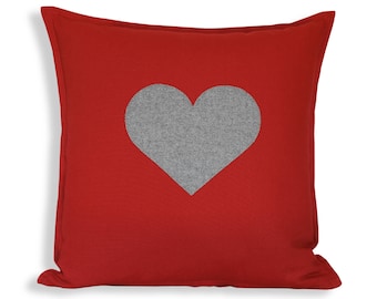 Heart Pillow Cover, Gray Wool Heart Appliqué on Red Reversible Pillow Cover - Valentine's Day, Anniversary, Wedding or Shower Gift Idea