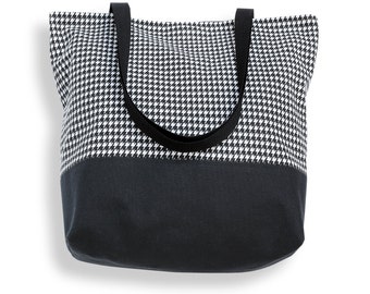 Canvas Tote Bag in Classic Black and White Houndstooth - Market Tote, Beach Bag, Carryall Bag, Classic Tote, Book Bag, Weekend Bag or Purse