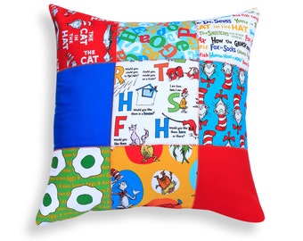 Children's Patchwork Reversible Pillow Cover quilted from Dr Seuss Fabric Squares - Modern Retro Children's Décor