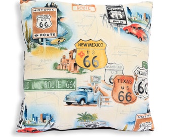 Route 66 Vintage Style Reversible Pillow Cover - Southwest, Western, Cowboy, Wild West, Rodeo, RV, Lodge, Camp, Cabin, Rustic or Rt 66 Décor