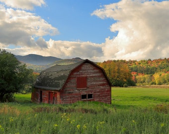 Rustic Red Barn with Fall Foliage Photograph - Autumn Leaves and Fall Colors with an Old Red Barn