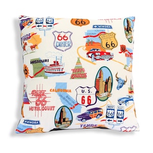 Route 66 Retro Style Reversible Pillow Cover in White RV, Lodge, Camp, Cabin, Rustic, Southwest, Western, Cowboy, Wild West, Rodeo, Rt 66 image 1