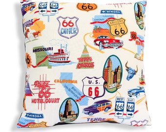 Route 66 Retro Style Reversible Pillow Cover in White - RV, Lodge, Camp, Cabin, Rustic, Southwest, Western, Cowboy, Wild West, Rodeo, Rt 66