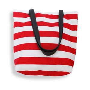 Canvas Tote Bag in Classic Red and White Cabana Stripe - Market Tote, Beach Bag, Carryall Bag, Book Bag, Weekend Bag or Purse