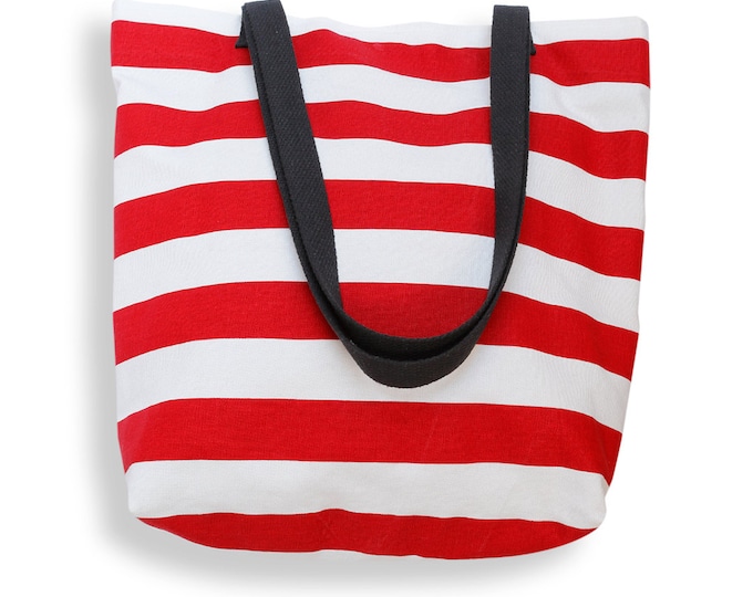 Canvas Tote Bag in Classic Red and White Cabana Stripe - Market Tote, Beach Bag, Carryall Bag, Book Bag, Weekend Bag or Purse