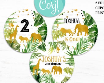 Jungle Cupcake toppers, Editable Gold WILD Animal Birthday party Safari Lion Giraffe Elephant Monkey Party Animals Gold Boy Instant download