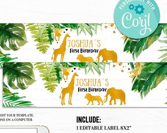Editable Jungle Water bottle labels, Gold WILD Animal Bottle labels, Safari Invite Lion Giraffe Elephant Party Animals Gold Instant download