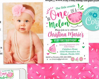 Editable Watermelon Invitation, One in a Melon Birthday invite, First Birthday Watermelon Party, Photo, 1st Birthday Summer Instant download