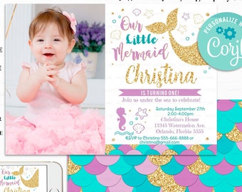 Editable Mermaid Invitation, 1st Birthday Little Mermaid Invite Photo First Teal Purple Gold Sparkle Under The Sea Glitter Instant download
