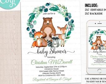 Woodland Baby Shower Invitation, EDITABLE, Gender Neutral, woodland animals invitations, Digital, Woodland Theme Invites Instant download W1