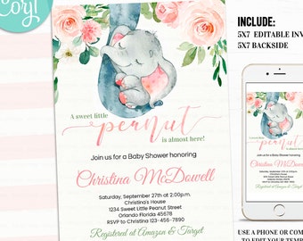 Elephant Baby Shower Invitation, EDITABLE Girl Baby Shower Invitations Floral blush Baby Shower Invites Instant Download digital Printable