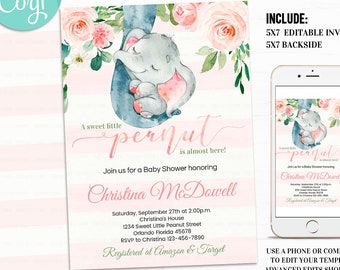 Elephant Baby Shower Invitation, EDITABLE Girl Baby Shower Invitations Floral pink and gold Baby Shower Invites Instant Download digital 3