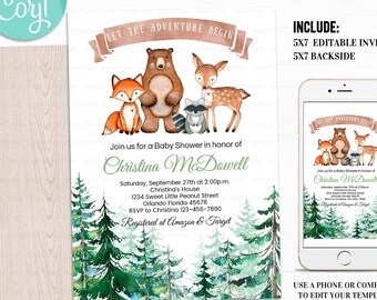 Woodland Baby Shower Invitation, EDITABLE, Adventure Woodland Forest invite, Gender Neutral Mountain invitation Boy Instant Download Digital