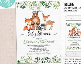 Woodland Baby Shower Invitation, EDITABLE, Gender Neutral, woodland animals invitations, Digital, Woodland Theme Invites Instant download W2