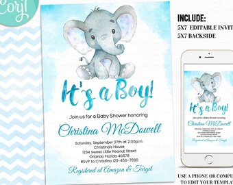 Elephant Baby Shower Invitation boy, EDITABLE Boy Baby Shower Invitations, Jungle Safari Baby Shower Invites, Watercolors Instant Download