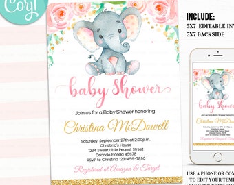 Elephant Baby Shower Invitation Girl, EDITABLE Girl Baby Shower Invitations, Floral pink and gold, Jungle Safari Invite, Instant Download