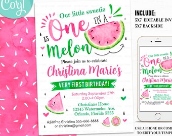 EDITABLE Watermelon Invitation, One in a Melon Birthday invite, First Birthday Party, 1st Birthdayn Watermelon party Summer instant Download