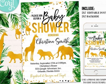 Editable Jungle Baby Shower Invitation Gold WILD Animal baby shower invitations Safari Invite Lion Giraffe Elephant Animals instant download