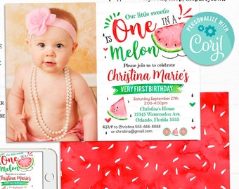 Editable Watermelon Invitation Birthday Invite Photo First Watermelon Birthday Party Red One in a Melon Party Melons Summer Instant download