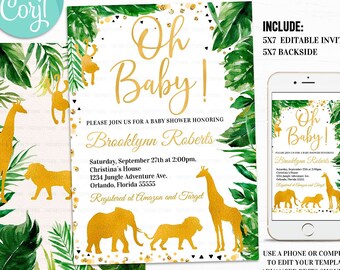 Jungle Baby Shower Invitation Editable Gold WILD Animal baby shower invitations Safari Invite Lion Giraffe Elephant Animals instant download