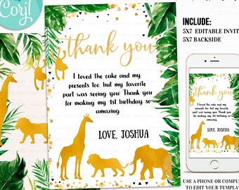 Editable Jungle Thank you card, Gold WILD Thank you note, Safari Note card, Invite, Lion Giraffe Elephant Monkey, Party Animals Gold Boy
