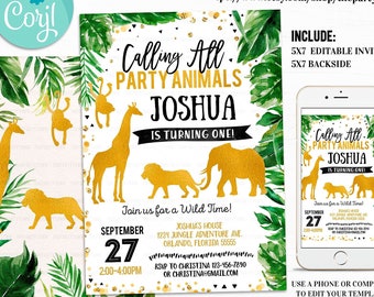 Editable Jungle Birthday Invitation, Gold WILD Animal invitations, Safari First Invite, Party Animals Lion Giraffe Elephant Monkey, Gold Boy