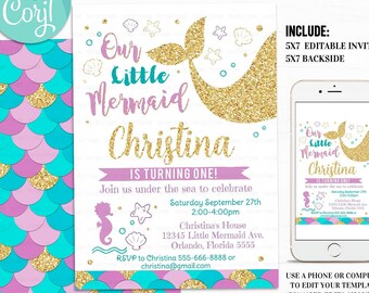 Editable Mermaid Birthday Invitation, 1st Birthday Little Mermaid Invite, First Teal Purple Gold Sparkle Under The Sea Glitter Printable