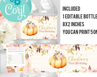 Editable Pumpkin Water Bottle Labels, Pink and gold Bottle labels Girl Fall Autumn Labels party decorations Party Supplies Printable Digital