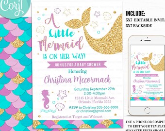 Mermaid Baby Shower Invitation, Editable Little Mermaid Invite Under The Sea Girl mermaid party Instant download Template Digital Printable