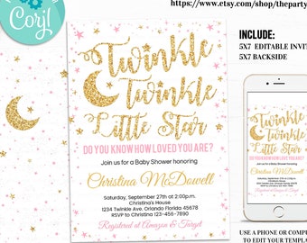 EDITABLE Twinkle Twinkle Little Star Baby Shower Invitation, Girl Baby Shower, Pink and Gold invites, Instant Download Template Digital