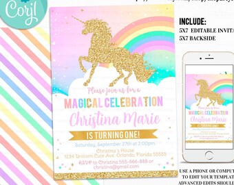 Editable Rainbow Unicorn Invitation, 1st Unicorn Birthday Unicorn Party Magical Invite Gold first Pastel Girl gold Template Instant Download