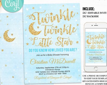 EDITABLE Twinkle Twinkle Little Star Baby Shower Invitation, Boy Baby Shower, Blue and Gold invite, Instant Download Template Digital