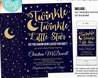 Twinkle Twinkle Little Star Baby Shower Invitation, Editable invitations, Navy and Gold Invite, Gold Glitter Boy Template INSTANT DOWNLOAD