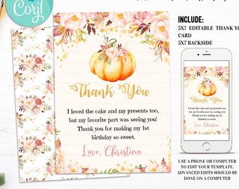 Editable Pumpkin Thank you card, Little Pumpkin Thank you note, Note card, fall autumn Invite, Girl Pink and Gold Printable Digital Download