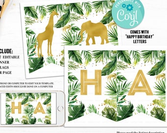 Editable Jungle Banner, Gold WILD Animal bunting banner, Safari First, Party Animals Lion Giraffe Elephant Monkey, Gold Boy Instant download